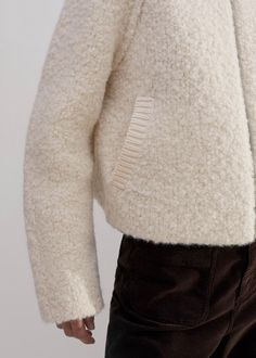 Women's Cream Chunky Wool Bouclé Knit Bomber | ME+EM Elegant Cream Textured Knit Outerwear, Cream Knitted Wool Outerwear, Beige Textured Knit Wool Outerwear, Cream Wool Chunky Knit Outerwear, Cozy Cream Merino Wool Outerwear, Cozy White Merino Wool Outerwear, White Chunky Knit Wool Outerwear, White Wool Knitted Outerwear, White Knitted Wool Outerwear