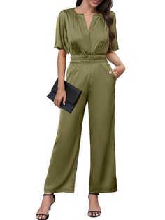 PRICES MAY VARY. 🖤Material:96% polyester,4% elastane,not lined,This jumpsuit is made of viscose satin with a beautiful drape,The Type is very flattering, sensual and soft.Not ankle length,it also as petite jumpsuits for women,One piece jumpsuit is elegant and casual perfect for any occasion. 🖤Features:The short sleeves and wide-leg design offer a flattering and comfortable fit, while the elastic waist creates a feminine silhouette.Distinctive design with notch neckline,and keyhole cutout with One Piece Pantsuits For Women, Elegant V-neck Elastane Jumpsuits And Rompers, Versatile Fitted V-neck Jumpsuits And Rompers, Versatile Fitted V-neck Jumpsuit, Chic V-neck Elastane Jumpsuits And Rompers, Green V-neck Jumpsuit For Work, V-neck Elastane Jumpsuit For Work, Versatile Jumpsuits And Rompers With Elastic Waistband, Stretch V-neck Jumpsuits And Rompers In Solid Color