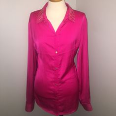 New With Tags Hot Pink Blouse With Gold Detailing Around Collar And Sleeve Cuffs. Also Has Gold Buttons (One Button Has A Defect But Comes With An Extra Button). Size Large Pink Shirt For Spring Night Out, Pink Shirt For Night Out In Spring, Fitted Collared Pink Blouse, Hot Pink Blouse, Hot Pink Blouses, Gold Blouse, Pink Blouse, Gold Buttons, Gold Details