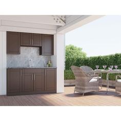 an outdoor kitchen and dining area is shown in this 3d renderer image from the outside