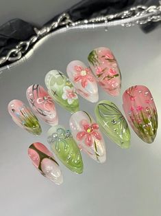 Nail Art Gifts, Exacto Knife Nails, Handpainted Press On Nails, Pink Tulip Nails, Nature Nails Acrylic, Hmong Nails, Custom Press Ons, Colorful Square Nails, Simple Floral Nails