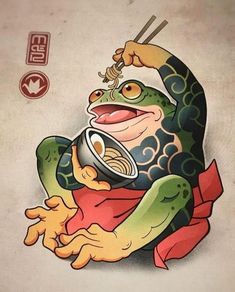 a drawing of a frog with chopsticks in its mouth and holding a cup