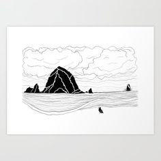 a black and white drawing of rocks in the ocean