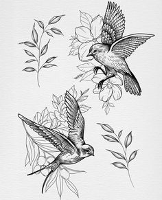 two birds flying next to each other on top of leaves and flowers in black and white