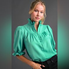 Umgee U.S.A Scalloped High Neck Button Top Brand New With Tags! Size - Medium Retail $60 Color - Jade - I Feel Like The Stock Photos Are Reading More Green When The Color Is A True Teal/Turquoise A Gorgeous And Chic Top With Short, Frilled Sleeves, A High Neck Top With Scalloping Detail, And Top Button Closure Detailing. Green Office Tops With Button Closure, Chic Green Blouse With Buttons, Green Button Closure Blouse For Office, Chic Green Tops With Button Closure, Green Office Blouse With Button Closure, Trendy Green Tops With Button Cuffs, Fitted Green Blouse With Button Closure, Trendy Green Blouse With Buttons, Trendy Tops With Button Closure For Office