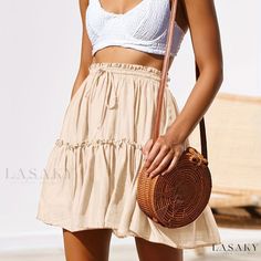 Lasaky - Ruffle Trim Drawstring Skirt: A Chic and Fashionable Addition to Womens Casual Spring and Summer Wardrobe Media Cola, Short Summer Skirts, Skirt Flowy, Short Pollera, Skirts Flowy, Ruffled Mini Skirt, Mini Skater Skirt, Maxi Dresses Fall, Ruffle Mini Skirt