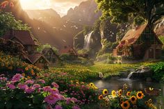 an image of a beautiful mountain scene with flowers and houses in the foreground, surrounded by mountains