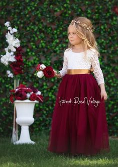 This is what my flower girl will be wearing for my wedding Fall Wedding Flower Girl Dress, Flower Girl Red Dresses, Burgundy Wedding Boho, Flowergirls Dress Fall, Vintage Flowergirl Dress, Daughter Bridesmaid Dresses, Flower Girl Fall Dresses, White And Burgundy Wedding Dress, Flower Girl Winter Wedding