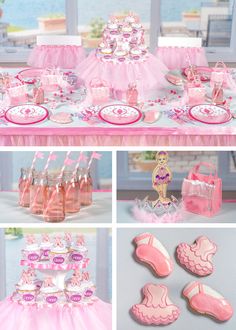 a table with pink decorations and cookies on it