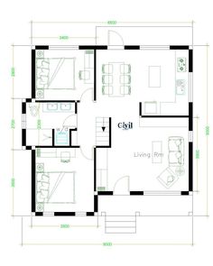 the floor plan for a small house with two bedroom and living room, including an open kitchen