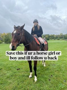 a woman riding on the back of a brown horse in a green field with a sky background