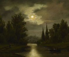 a painting of a river with people on it and a bridge in the distance under a full moon