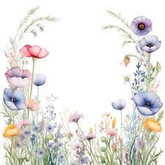 watercolor painting of flowers and grass on a white background with place for your text