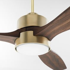 a ceiling fan with two wooden blades and a light fixture attached to the back of it