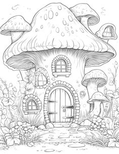 an image of a mushroom house in the forest with mushrooms on it's roof