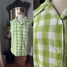 1970s Green Gingham Blouse, 70s Green Shirt, 1960s Green Gingham Blouse, Vintage Summer Shirt, 70s Casual Blouse, Button Down Shirt, Spring Sweet green gingham blouse. This looks to be masterfully handmade. No tags inside. The style of this shirt could be from the 1960s to 1970s era. Such a lovely spring through summer blouse. Overall, excellent vintage condition with no glaring flaws.  Measurements - - -  Bust: Waist: Length from top of shoulder to hem: All sales are final. Retro Gingham Blouse For Spring, Spring Retro Gingham Blouse, Retro Gingham Top With Button Closure, Retro Gingham Tops With Button Closure, Vintage Plaid Spring Tops, Vintage Plaid Top For Spring, Retro Plaid Collared Tops, Vintage Plaid Cotton Blouse, Vintage Gingham Cotton Blouse