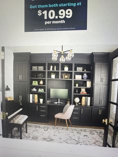 a living room filled with furniture and a large sign above it that says get them both starting at $ 10 99 per month