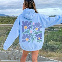 BACK PRINT Boho Wavy Flower Hoodie. Floral Hoodie.   IMPORTANT INFORMATION - DTG printing - 50% cotton, 50% polyester - Pre-shrunk - Wash and dry normally (on cool for best results) - Do not bleach - Tumble dry: low heat; - Do not dryclean * S I Z I N G * - Sizing is unisex so runs like men's, though not overly large - Most women find their typical size works best, since they are meant to fit a touch loose * S H I P P I N G * T I M E S * - Our items are individually made with love for each of ou Spring Long Sleeve Fleece Hoodie, Cute Hooded Sweatshirt For Spring, Cute Spring Hooded Sweatshirt, Spring Cozy Hoodie With Drawstring Hood, Cozy Spring Hoodie With Drawstring Hood, Spring Cozy Sweatshirt With Drawstring Hood, Cozy Spring Sweatshirt With Drawstring Hood, Cute Cotton Hoodie For Spring, Cute Cotton Spring Hoodie