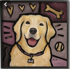 a painting of a yellow lab retriever with hearts and bones on it's chest