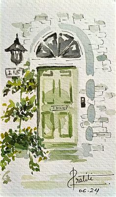 a painting of a green door with an arch above it and a potted plant in the foreground