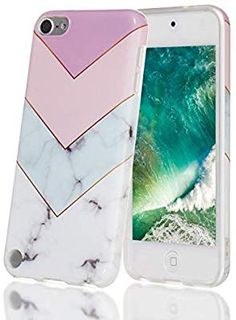 an iphone case with white marble and pink stripes on it, next to the phone