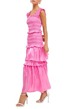 Elegant ruffles intermingle with intricate shirred tiers on this head-turning maxi dress that has a light-catching sheen. Square neck Elasticized straps Lined 100% polyester Hand wash, dry flat Imported Smocked Maxi Dress, Skirt Ruffle, Pink Sleeveless Dress, Causal Dresses, Pink Maxi, Tiered Maxi Dress, Pink Maxi Dress, Tiered Skirt, Dance Dresses