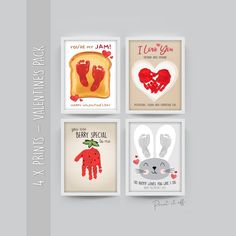 four different greeting cards with hand prints on them