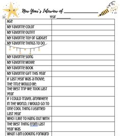 the new year's resolution list is shown in black and white with gold stars