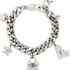 Trendy Metal Bracelets With Logo Charm, Luxury Metal Charm Bracelet With Lobster Clasp, Trendy Silver Jewelry With Removable Charms, Luxury Silver Chain Bracelet With Charms, Trendy Silver Charms With Removable Details, Trendy Silver Charms With Removable Feature, Trendy Silver Bracelet Charms, Silver Chain Bracelet With Logo Charm As A Gift, Trendy Silver Charm Bracelet With Lobster Clasp