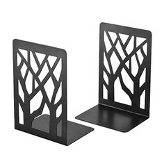 two black metal bookends sitting next to each other on top of a white background