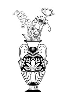 a black and white drawing of a vase with flowers in it