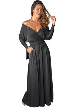 Black V Neck Batwing Sleeve Maxi Dress Casual Solid Color Maxi Dress For Evening, Solid Color Maxi Dress For Fall Date Night, Fall Maxi Dress With Surplice Neckline For Date Night, Chic Fall Maxi Dress With Surplice Neckline, Casual Evening Maxi Dress For Fall, Casual Fall Evening Maxi Dress, Black Maxi Dress With Surplice Neckline For Fall, Casual Evening Dress With Surplice Neckline, Casual Maxi Dress With Surplice Neckline For Fall