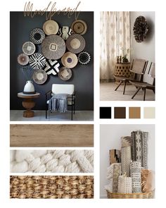 a collage of photos with different items and colors in them, including chairs, rugs, pillows, wall hangings