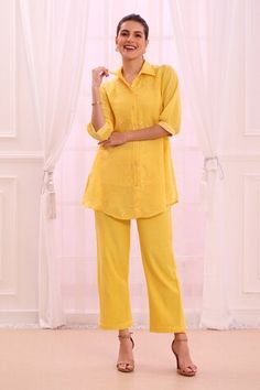 Yellow silk cotton blend shirt with floral embroidery. Comes with pant. - Aza Fashions Summer Floral Embroidery Palazzo Set Straight Pants, Summer Floral Embroidered Straight Palazzo Set, Summer Palazzo Set With Floral Embroidery, Summer Floral Embroidery Palazzo Set, Cotton Pant Set With Floral Embroidery For Eid, Floral Embroidery Cotton Pant Set For Eid, Elegant Spring Cotton Palazzo Set, Elegant Cotton Palazzo Set For Spring, Embroidered Long Sleeve Pant Set For Summer