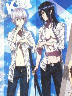 two anime characters standing next to each other in front of blue and white wallpaper