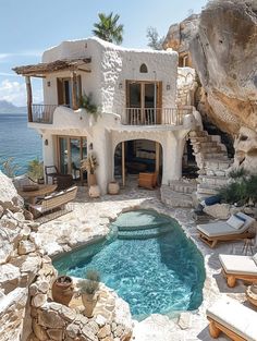 an outdoor swimming pool in front of a cliff side house with steps leading up to it