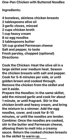 the instructions for cooking chicken with buttered noodles are shown in black and white