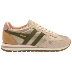 Buy Gola womens Daytona Blaze sneakers in rose gold/khaki/pink online Lace-up Jogging Sneakers With Gum Sole, Lace-up Sneakers With Gum Sole For Jogging, Vintage Sneakers With Rubber Waffle Outsoles For Jogging, Gum Sole Lace-up Running Shoes For Jogging, Casual Jogging Sneakers With Gum Sole, Vintage Low-top Running Sneakers, Retro Sneakers With Rubber Sole For Jogging, Retro Jogging Sneakers With Rubber Sole, Retro Pink Sneakers With Laces