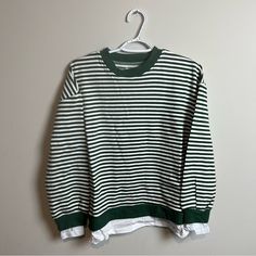 Cali Be New T-Shirt Hem Striped Sweatshirt Pullover Crewneck Grey White 99% Cotton 1% Spandex Dark Green/White Stripe Size M Crew Neck Tops With Striped Hem, Crew Neck Tops With Striped Hem For Layering, White Relaxed Fit Top With Striped Hem, White Cotton Sweatshirt For Layering, White Tops With Striped Hem For Fall, White Crew Neck Sweatshirt For Layering, White Long Sleeve Top With Striped Hem, Long Sleeve Tops With Striped Hem For Layering, Trendy White Tops With Striped Hem