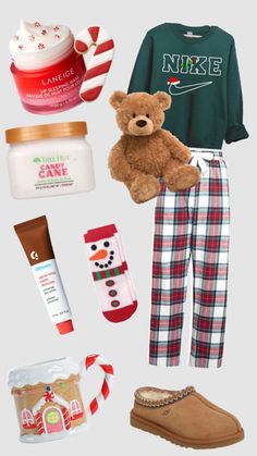 the contents of a christmas gift set including a teddy bear, snowman sweater and slippers