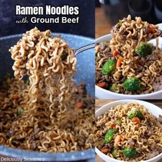 three pictures show the process of making ramen noodles with ground beef and broccoli