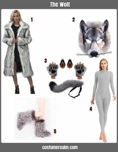 the wolf costume is shown in four different poses, including an animal mask and gloves