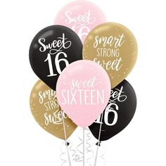 black, gold and pink balloons with sweet sixteen written on them