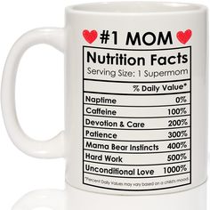 a white coffee mug with nutrition information on it