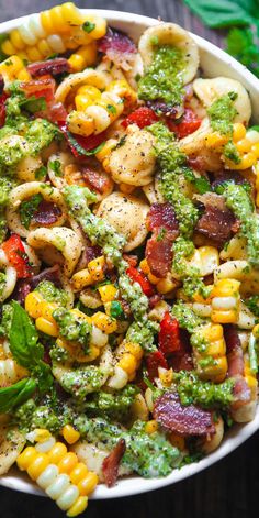 Corn Pasta Salad with Bacon, Bell Pepper, and Creamy Pesto Dressing Creamy Pesto Dressing, Pasta Salad With Bacon, Corn Pasta Salad, Pesto Dressing, Corn Pasta, Round Lake, Creamy Pesto, Summer Eating, Lake Food