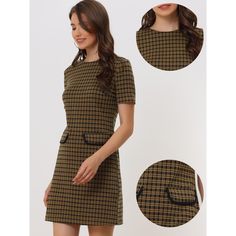 If you're looking for a dress that flatters your figure and is perfect for the office, this sheath dress with a slim silhouette in a plaid print is a great choice. The classic patterns of the Houndstooth dress are timeless and stylish, and the slim silhouette will show off your shape. Pair the dress with a black handbag for a sophisticated and stylish impression, and complete the look with heels for a vintage and chic vibe that's perfect for work, daily errands, or weekend events. Fitted Mini Length Tweed Dress For Office, Knee-length Plaid Workwear Dresses, Knee-length Plaid Dress For Work, Plaid Knee-length Dress For Work, Elegant Fitted Plaid Work Dress, Knee-length Plaid Office Dress, Plaid Knee-length Office Dress, Fitted Plaid Dresses For Work, Fitted Plaid Dress For Work