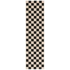 a black and white checkered runner rug on a white background, with an area rug in the shape of a rectangle