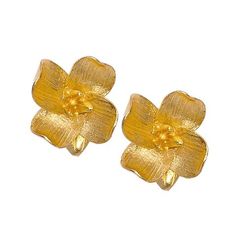 Gold Earrings With 3d Flowers For Spring, Flower Shaped Yellow Gold-plated Earrings, Gold Flower Earrings For Spring, Yellow Gold Plated Flower Earrings, Gold Plated Yellow Gold Flower Earrings, Yellow Gold Flower-shaped Gold Plated Earrings, Gold Clip-on Earrings For Spring Gift, Yellow Gold Flower Charm Earrings, Gold Plated Flower Charm Earrings