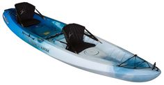 a blue and white kayak with two seats on it