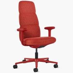 a red office chair with wheels on the back and seat upholstered to the side